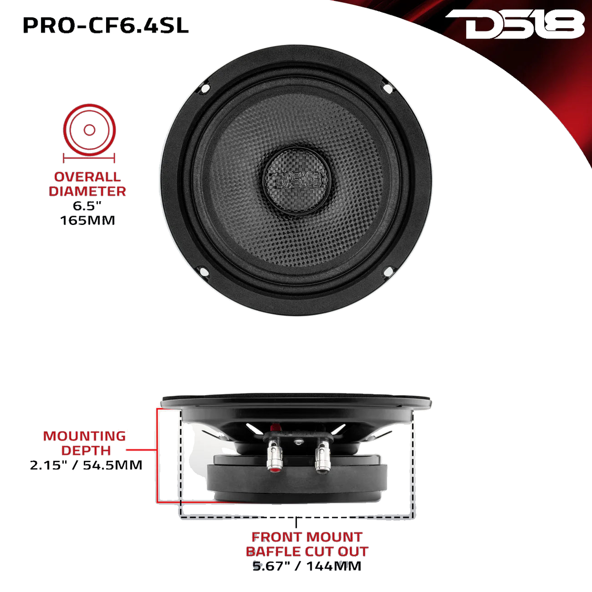 DS18 PRO 6.5” DS18- Shallow Mid-Bass Loudspeaker with Carbon Fiber Water-Resistant Cone | 250W RMS 4-Ohm