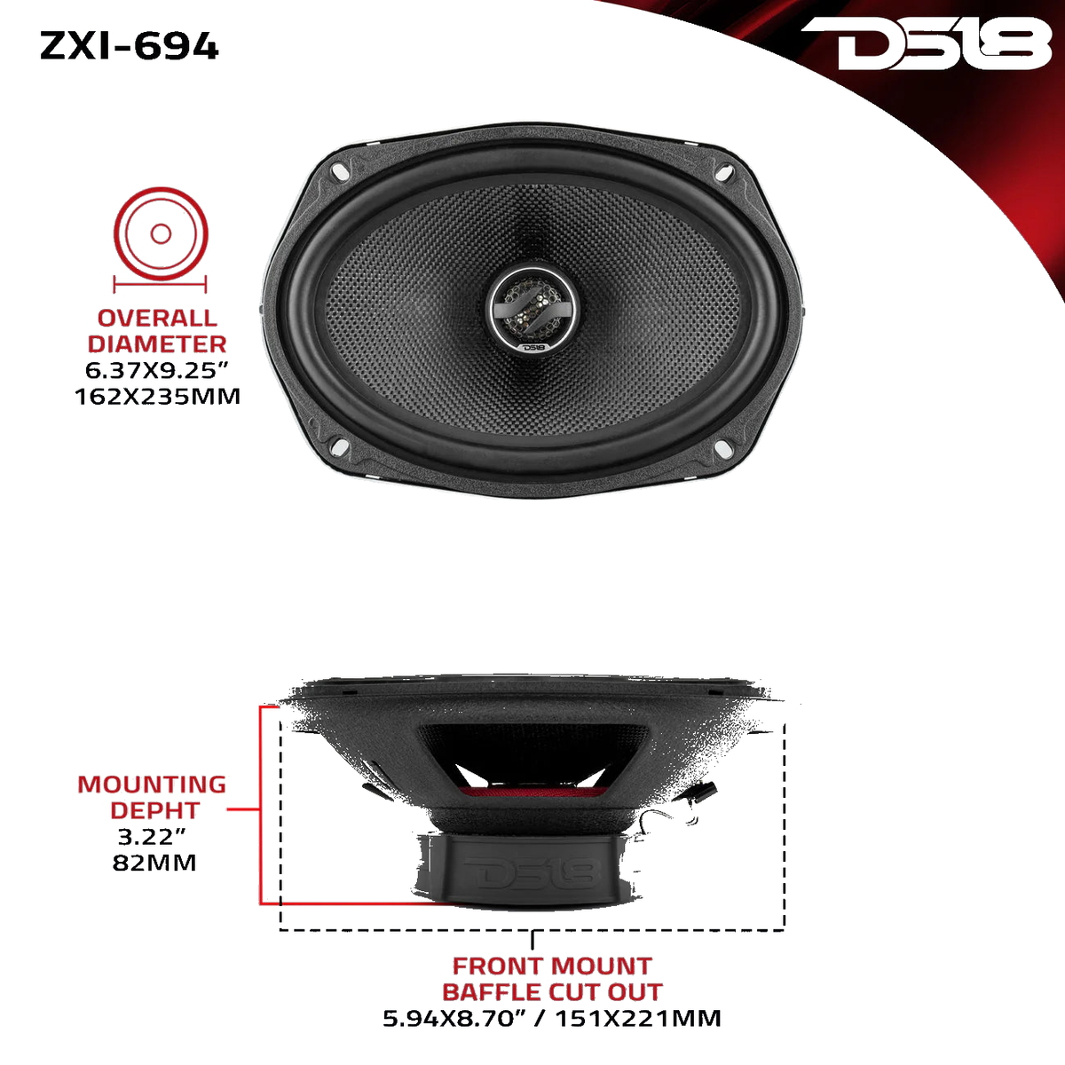 DS18- ZXI 6x9" 2-Way Coaxial Speakers with Kevlar Cone | 120W RMS 4-Ohm