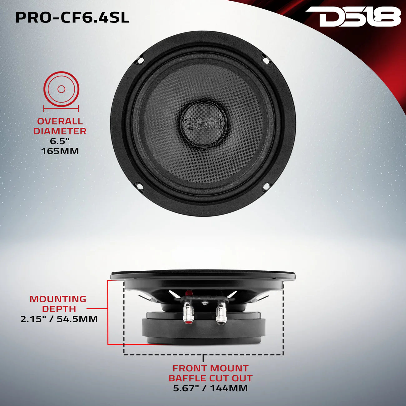 DS18 PRO 6.5” DS18- Shallow Mid-Bass Loudspeaker with Carbon Fiber Water-Resistant Cone | 250W RMS 4-Ohm