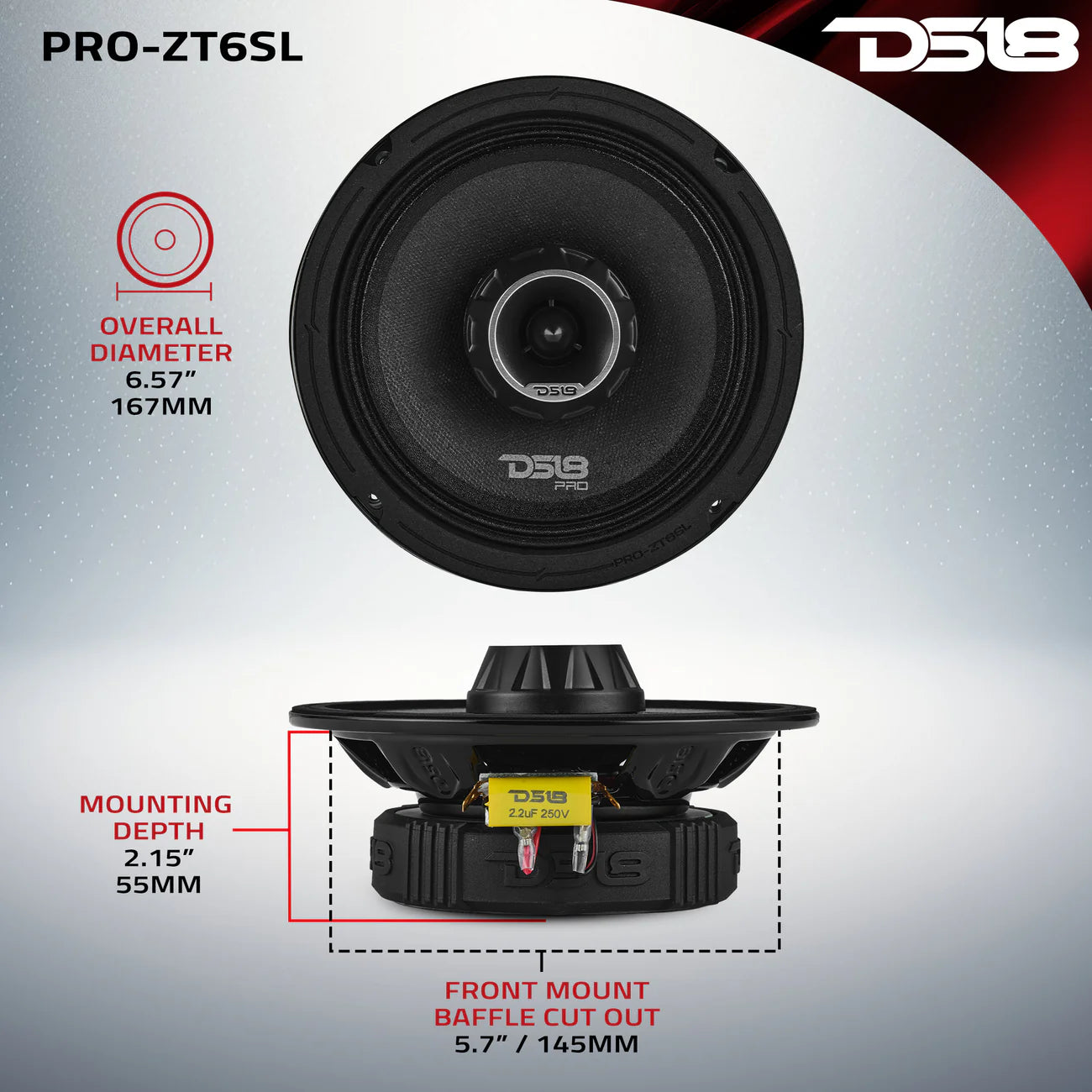 DS18 - PRO-ZT 6.5” Slim Coaxial Mid-Range Loudspeaker with Water-Resistant Cone Built-in Bullet Tweeter | 200W RMS 4-Ohm